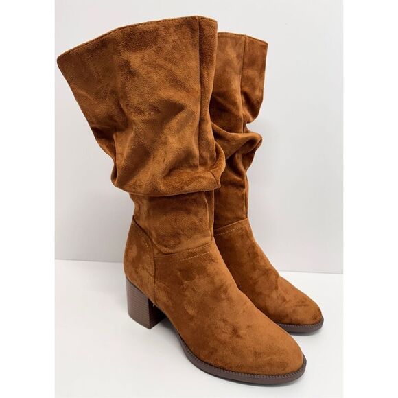 Kenneth‎ Cole Mid Calf Boots Size 9 Brown Microsuede Upper Almond Toe Block Heel - Picture 2 of 8